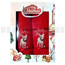 GULCAN COTTON TOWEL SET 2 PCS RED CHRISTMAS DESIGN WITH DEER (SIZE 50X90 | 70X140)