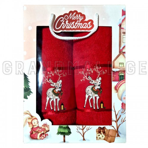 GULCAN COTTON TOWEL SET 2 PCS RED CHRISTMAS DESIGN WITH DEER (SIZE 50X90 | 70X140)