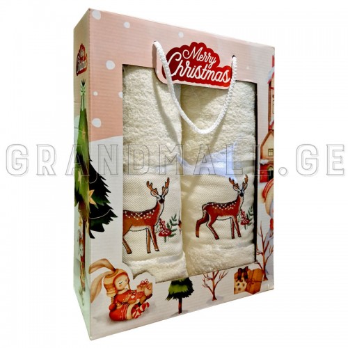 GULCAN COTTON TOWEL SET 2 PCS WHITE CHRISTMAS DESIGN WITH A DEER AND A HARE (SIZE 50X90 CM | 70X140 CM)